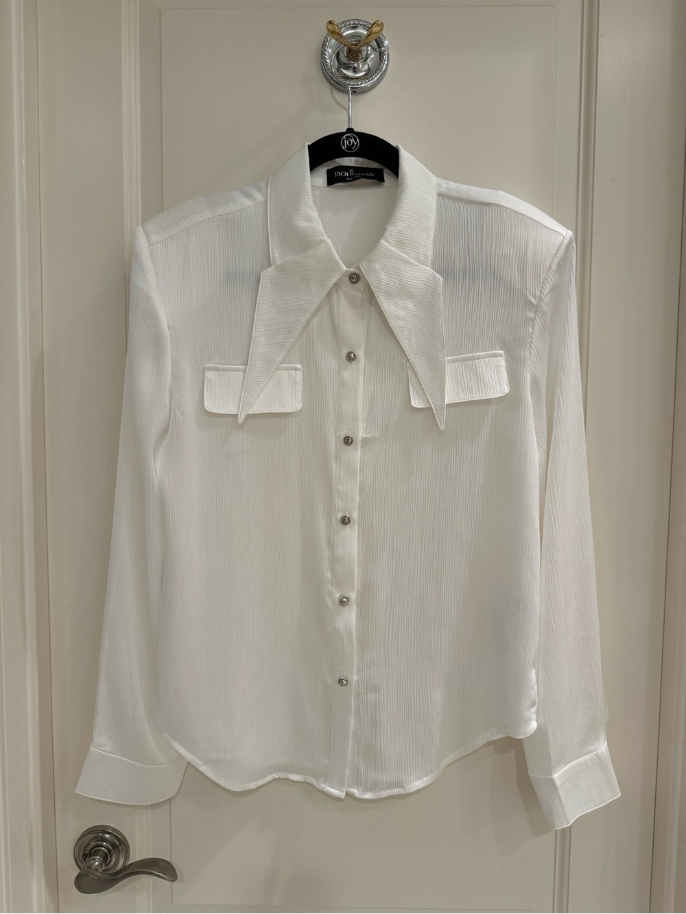 Rich Radiq's White Textured Satin Blouse with Shoulder Pads